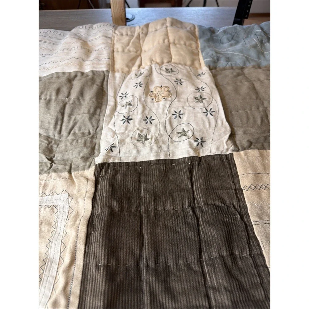 Home Collection Embroidered Quilt Only Patchwork Plaid Brown Tan Blue Full Queen
